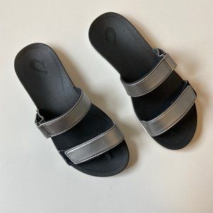 OluKai Metallic Silver Two-Strap Slide Sandals